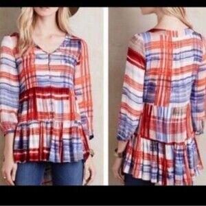 Anthropologie MAEVE Lila Tiered Tunic Ruffle Top red white and blue